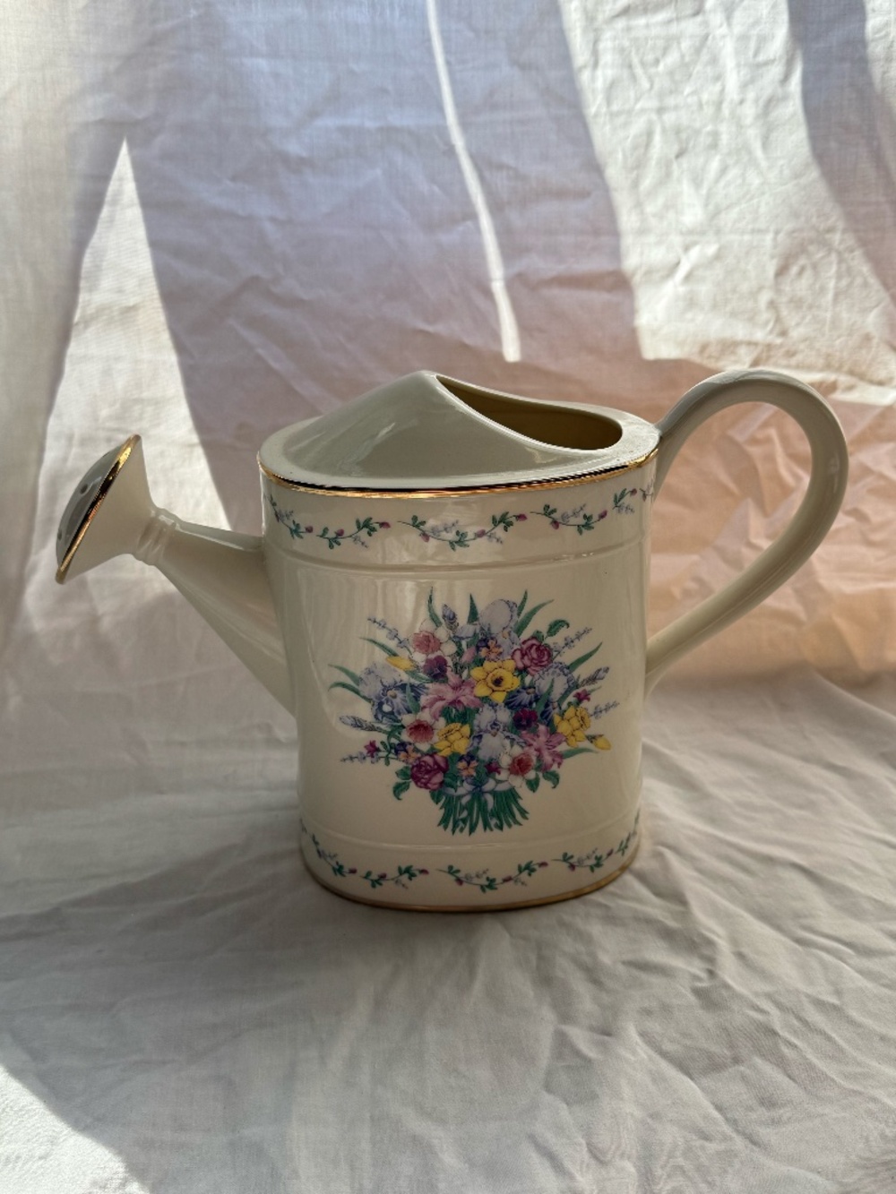 Ceramic Floral Watering Can Pitcher / Cottage Garden Decor